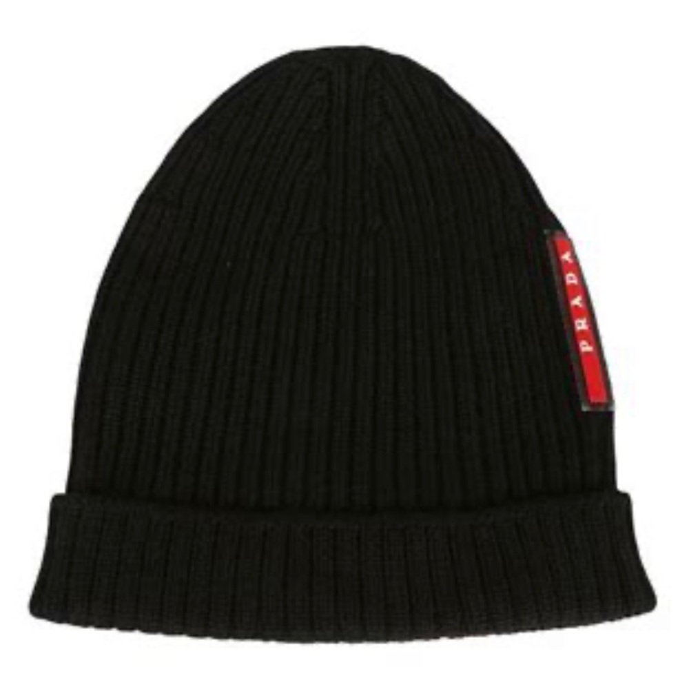 Unisex black Prada red tab logo beenie hat